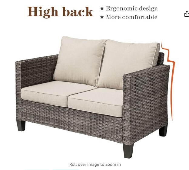 Patio Furniture Set: 4 Piece Wicker Rattan Conversation Set for Yard Porch with Loveseat Chairs, Coffee Table, and High Back Couch for All Weather. Color: Beige