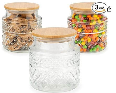 38 Ounce Round Glass Jar with Bamboo Lid - Vintage Diamond Pattern Kitchen Decorative Glass Jars - Coffee Pasta Sugar Tea Snack Nuts Cookie Jar with Airtight Lids - Set of 3