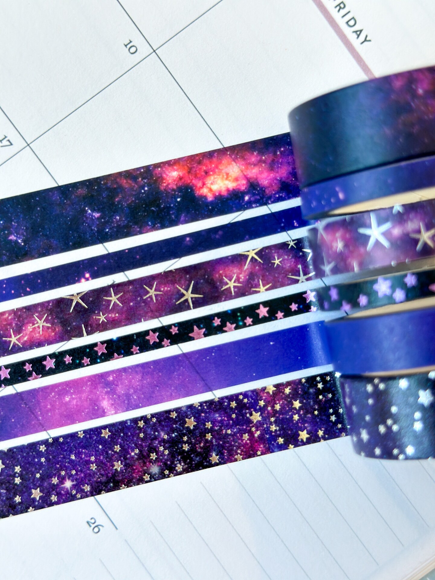 FOILED Galaxy Space Purple &#x26; Black Stars Celestial Astrology Washi Tape Set (#W011)