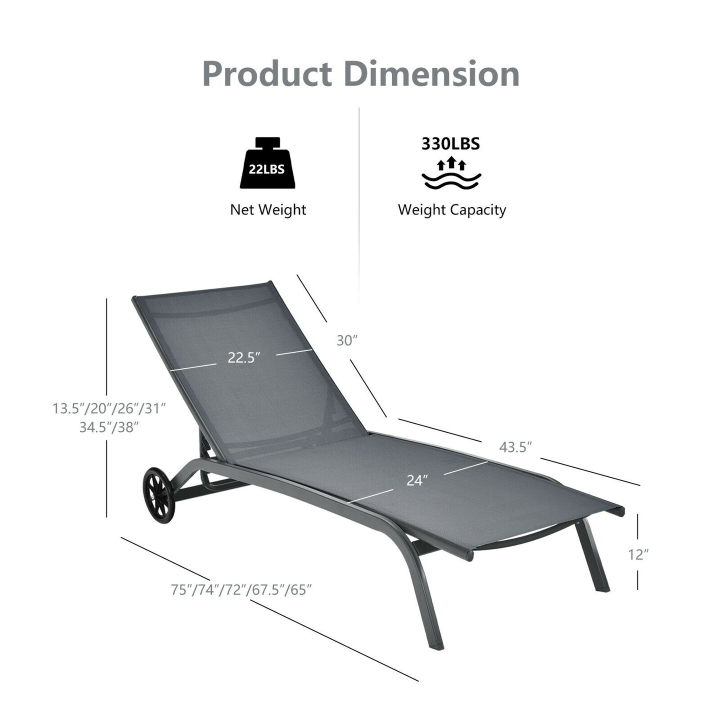 Adjustable Outdoor Chaise Lounge Chair with Wheels – Steel Frame, Breathable Fabric