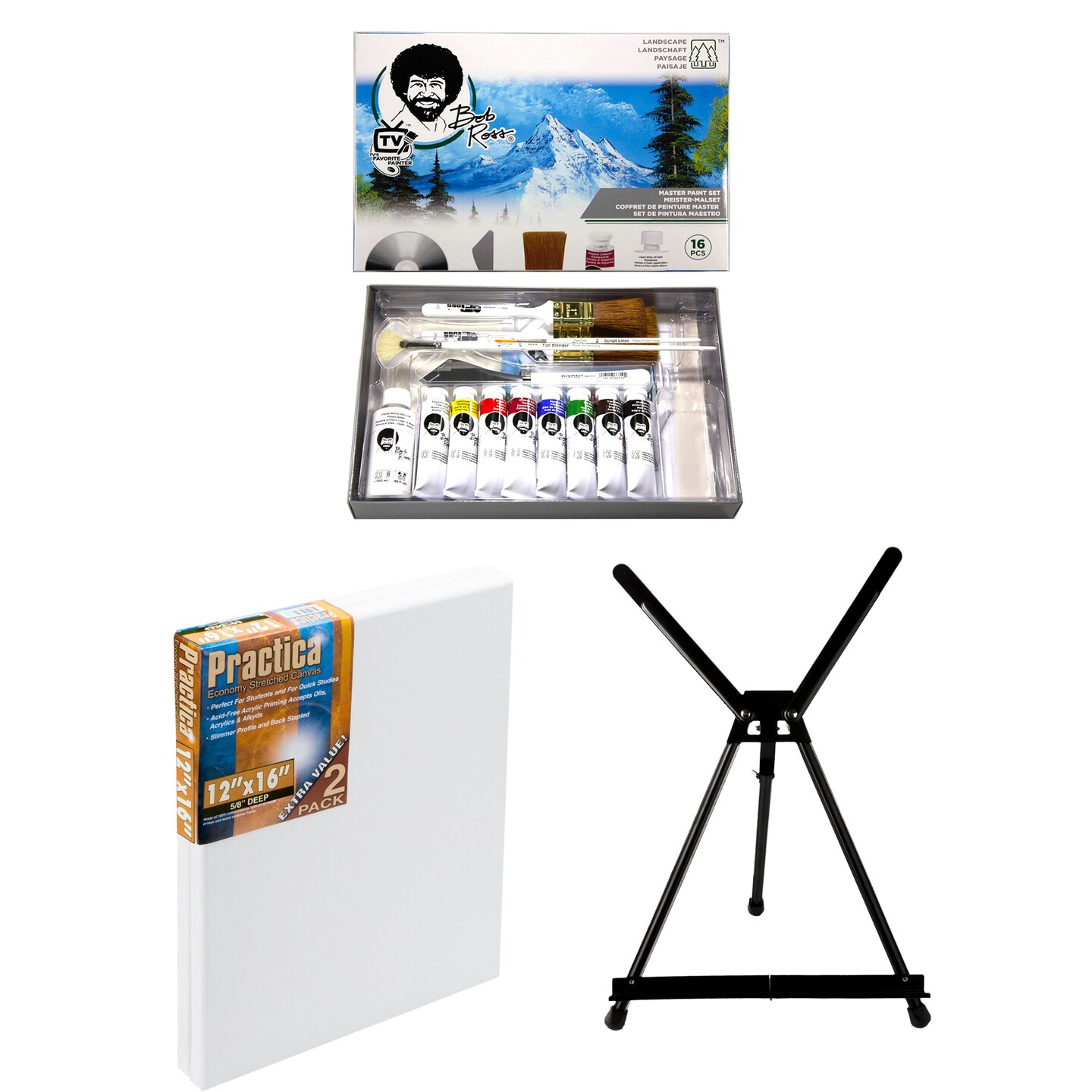 Bob Ross Master Artist Oil Paint Set Bundle with Aluminum Table Easel &#x26; 2-Pack 12x16 Stretched Canvas for Painting (3 Items)