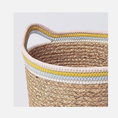 Round Natural Woven Storage Bin with Coiled Rope Handle