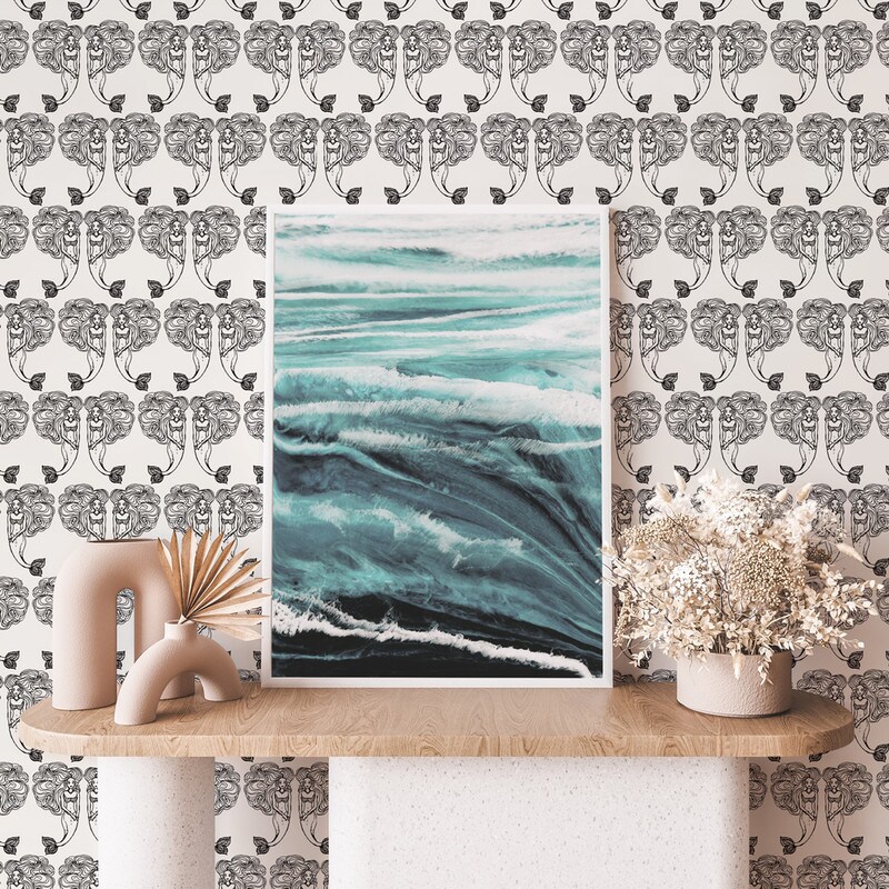 Tempaper Block Print Mermaids Peel and Stick Wallpaper White/Onyx Black