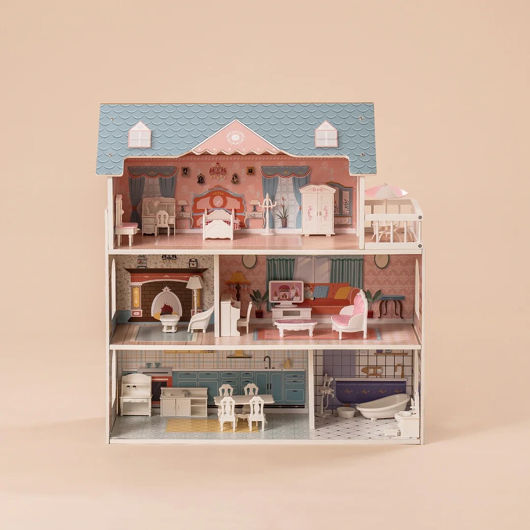 ROBUD Wooden Dollhouse for Kids Girls, with Furniture WDH01