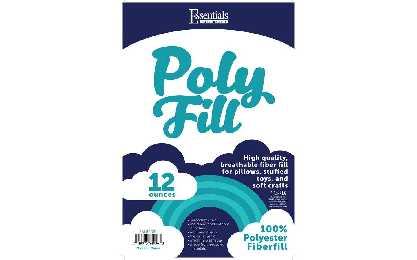 Essentials by Leisure Arts Polyester Fiber-Fil, Premium Fiber-Fil Stuffing,  12oz Bag, High Resilience Polyfill for filling Stuffed Animals, Crafts,  Pillow Stuffing, Cushion Stuffing