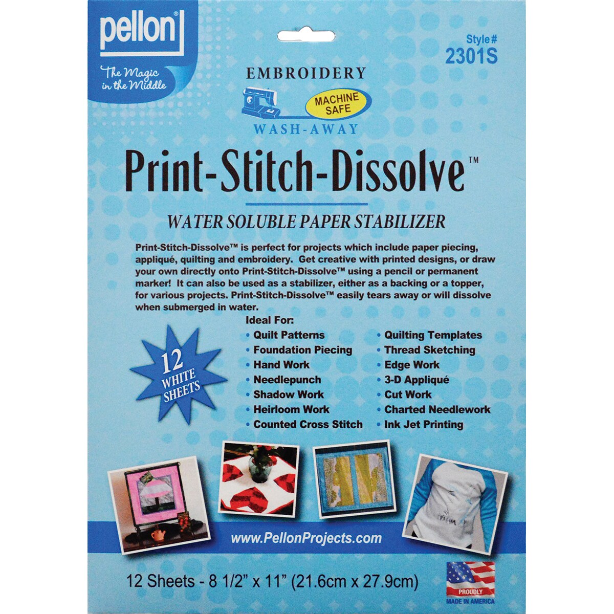 Pellon Print-Stitch-Dissolve Embroidery Paper Stabilizer-White 8.5X11 12-Pkg