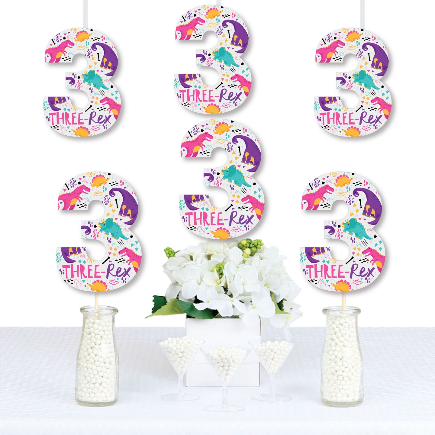Big Dot of Happiness 3rd Birthday Roar Dinosaur Girl - Three Shaped Decorations DIY Three Rex Dino Third Birthday Party Essentials - Set of 20