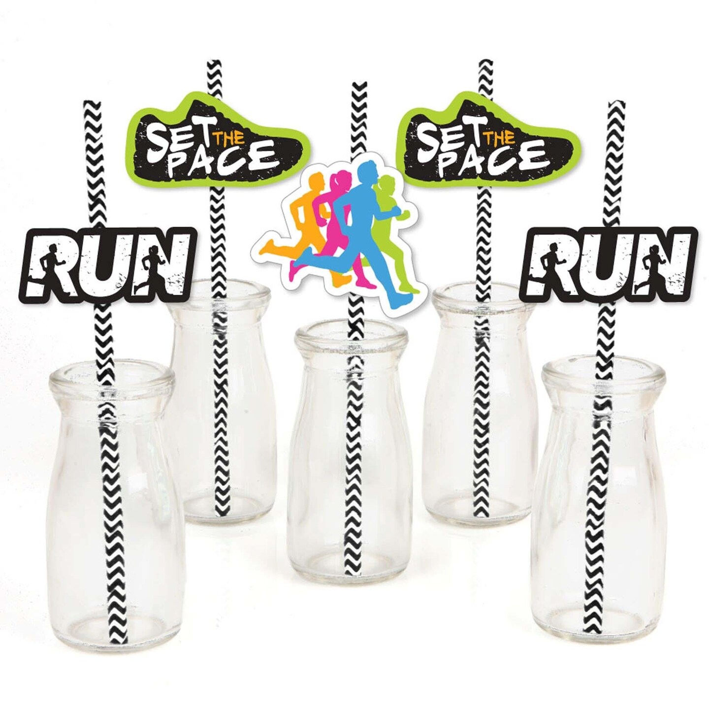Big Dot of Happiness Set The Pace - Running - Paper Straw Decor - Track, Cross Country or Marathon Party Striped Decorative Straws - Set of 24