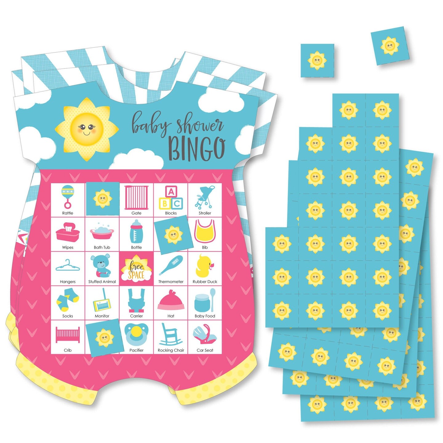 Big Dot of Happiness You Are My Sunshine - Picture Bingo Cards and Markers - Baby Shower Shaped Bingo Game - Set of 18