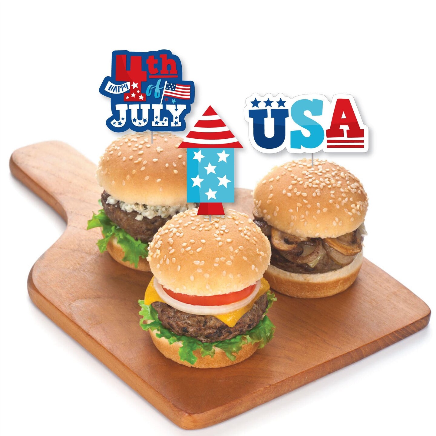 Big Dot of Happiness Firecracker 4th of July - Dessert Cupcake Toppers - Red, White and Royal Blue Party Clear Treat Picks - Set of 24