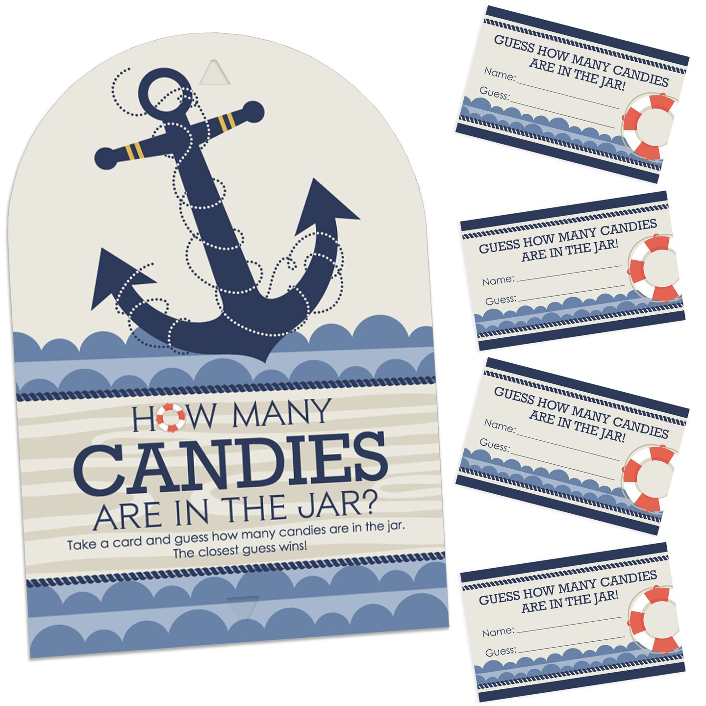 Big Dot of Happiness Ahoy - Nautical - How Many Candies Baby Shower or Birthday Party Game - 1 Stand and 40 Cards - Candy Guessing Game