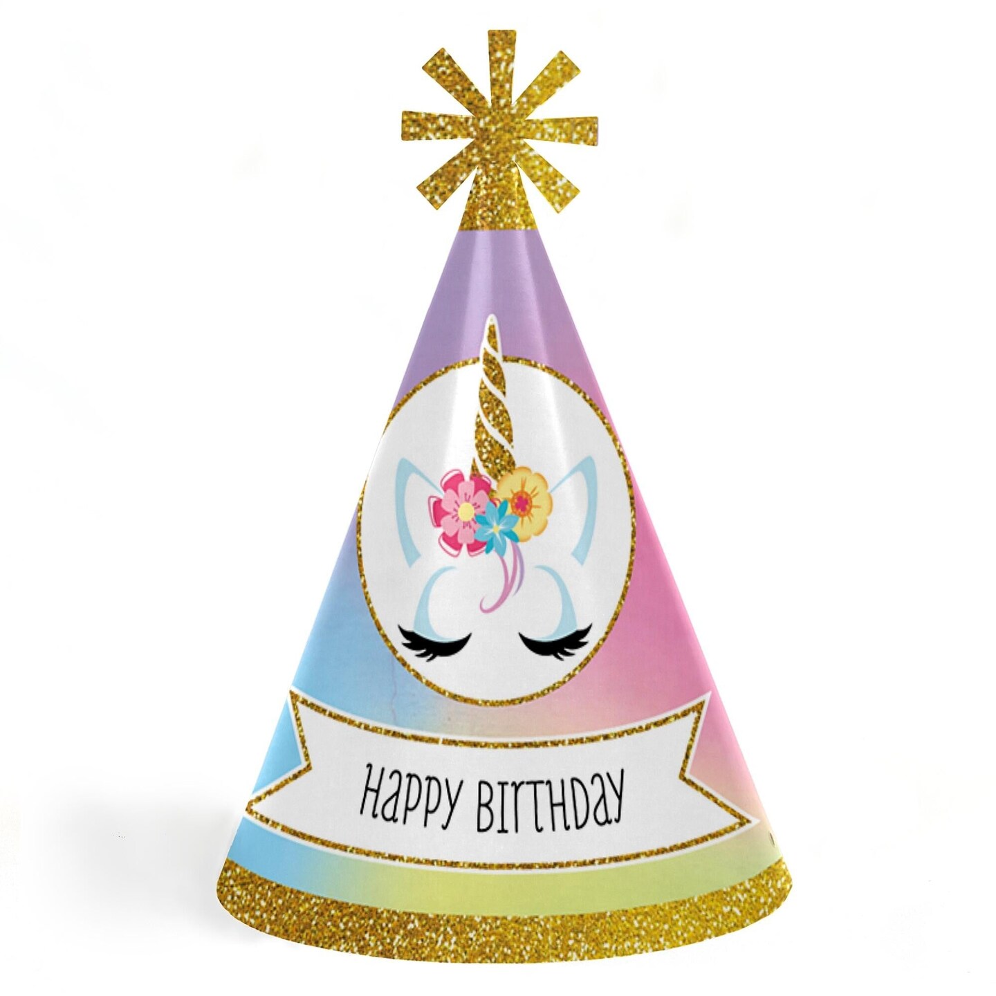 Big Dot of Happiness Rainbow Unicorn - Cone Magical Unicorn Happy Birthday Party Hats for Kids and Adults - Set of 8 (Standard Size)