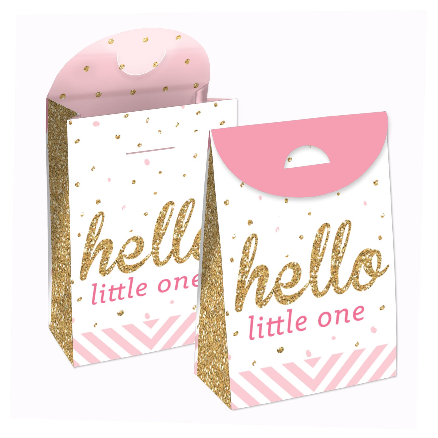 Big Dot of Happiness Hello Little One - Pink and Gold - Girl Baby Shower Gift Favor Bags - Party Goodie Boxes - Set of 12