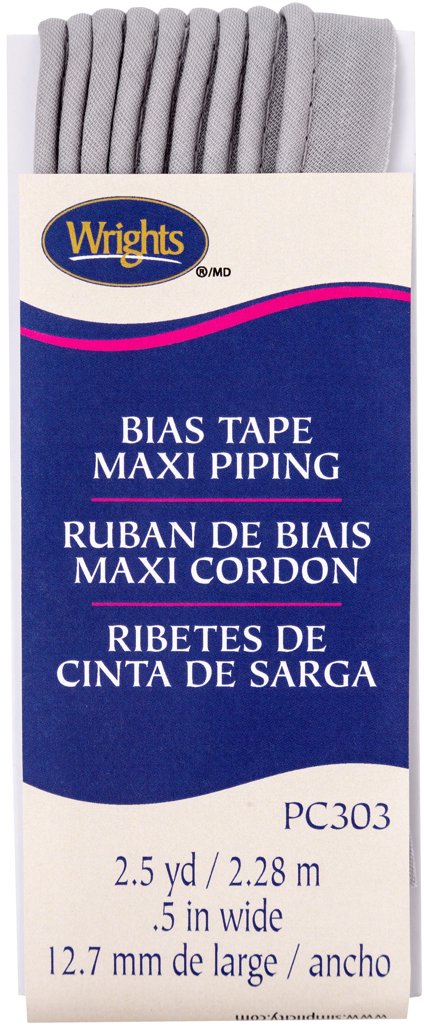 Wrights Bias Tape Maxi Piping .5"X2.5YdMedium Grey Michaels