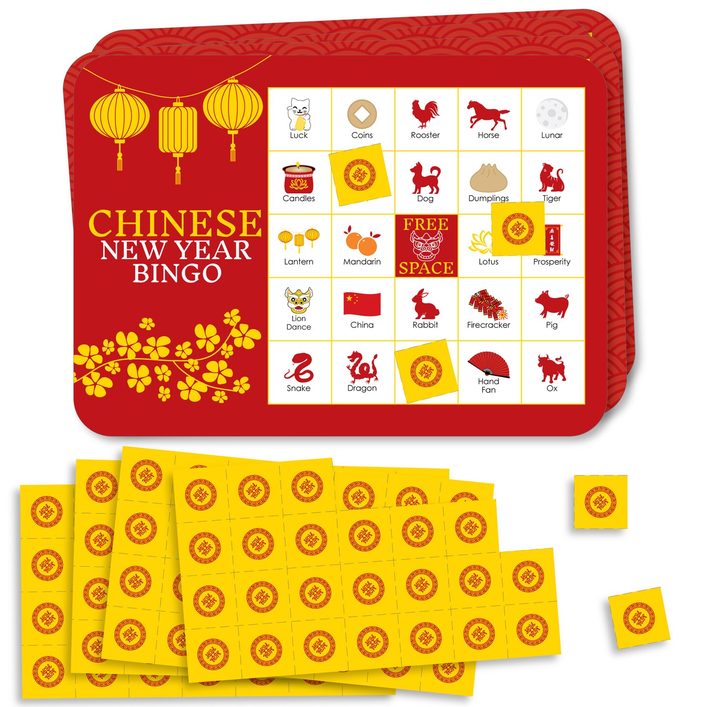 Big Dot of Happiness Lunar New Year - Bingo Cards and Markers - Party Bingo Game - Set of 18