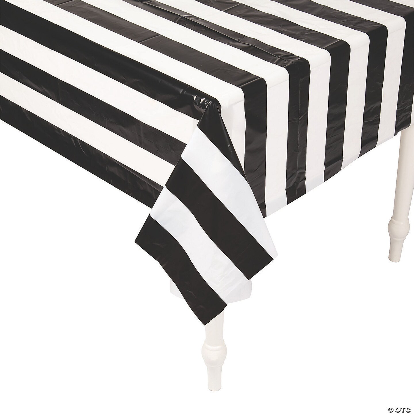 40&#x22; x 100 ft. Black &#x26; White Striped Disposable Plastic Tablecloth Roll