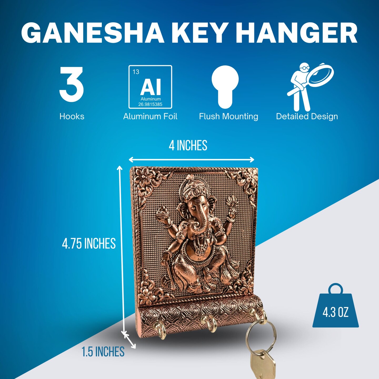 Lord Ganesha Key Holder Home Decor Key Hooks for Wall Hanging Hand Crafted Decorative Showpiece Key Organizer Office Entryway Hallway Living Room Wall Mounted with 3 Hooks Housewarming Gift