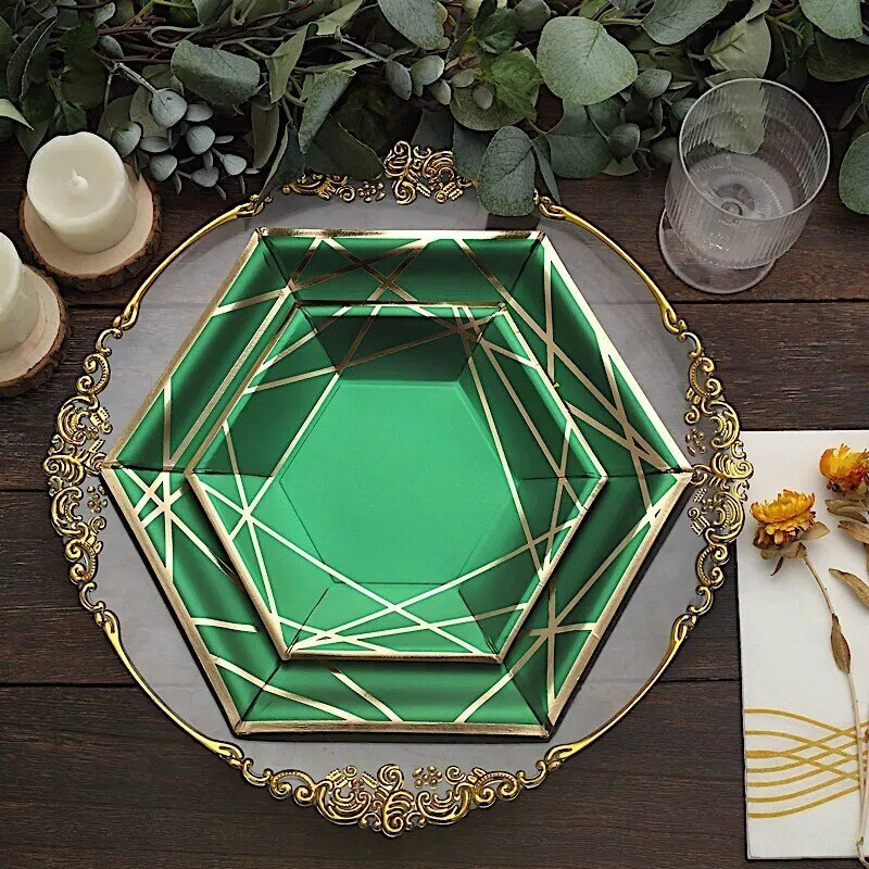 25 Hunter Green 7&#x22; Hexagon Paper Salad Dinner Plates Gold Trim