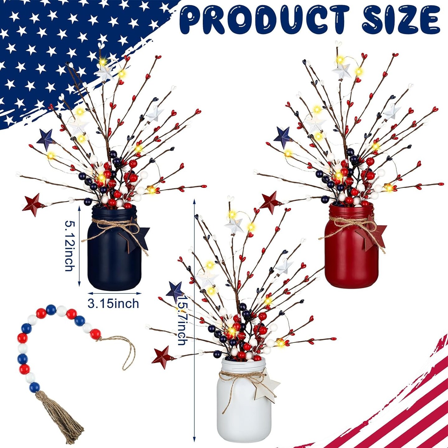 Classic Jars with Branches and Beaded Garland for Independence Day Table Centerpiece