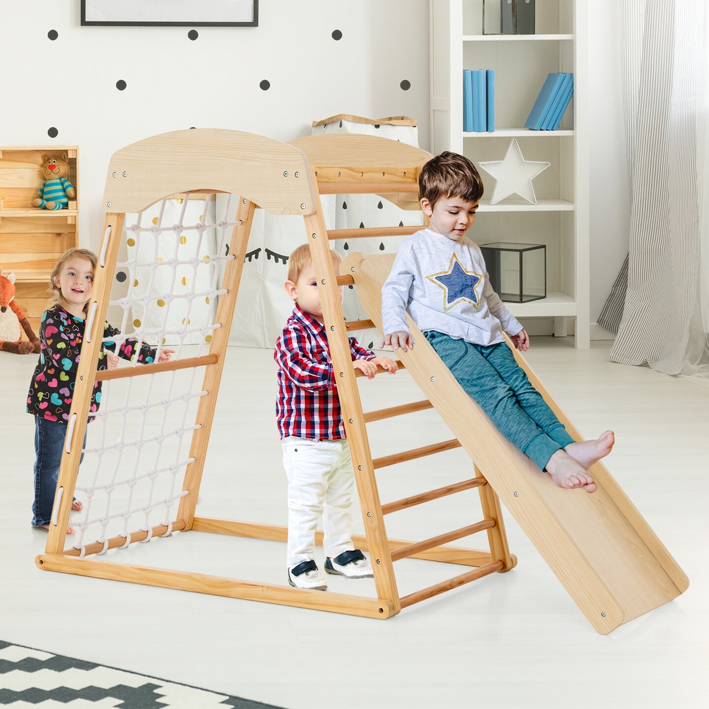 6-in-1 Jungle Gym Wooden Indoor Playground With Double-sided Ramp And Monkey Bars-natural