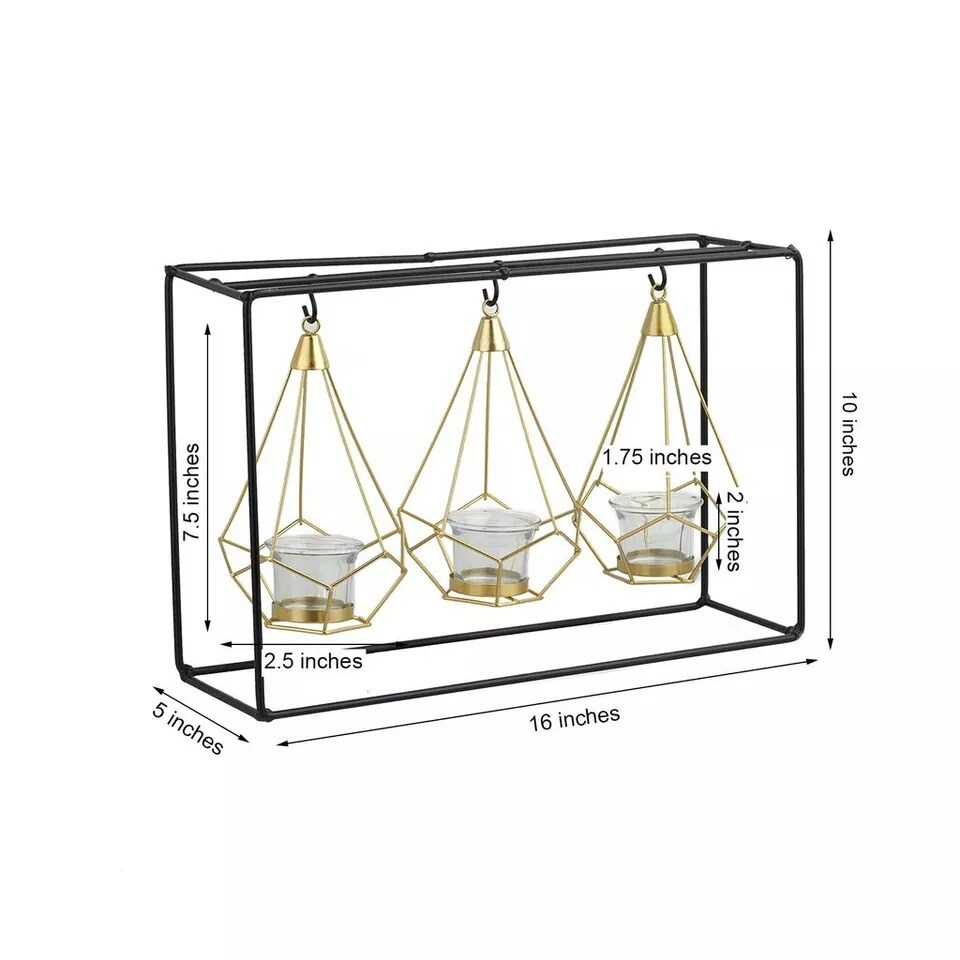 Gold Black 10&#x22; tall Iron Stand with 3 Geometric Metal Tealight Holders