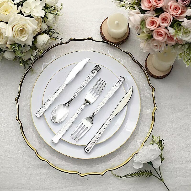 SILVER 24 Hammered Design 7&#x22; Plastic CUTLERY Spoons Forks