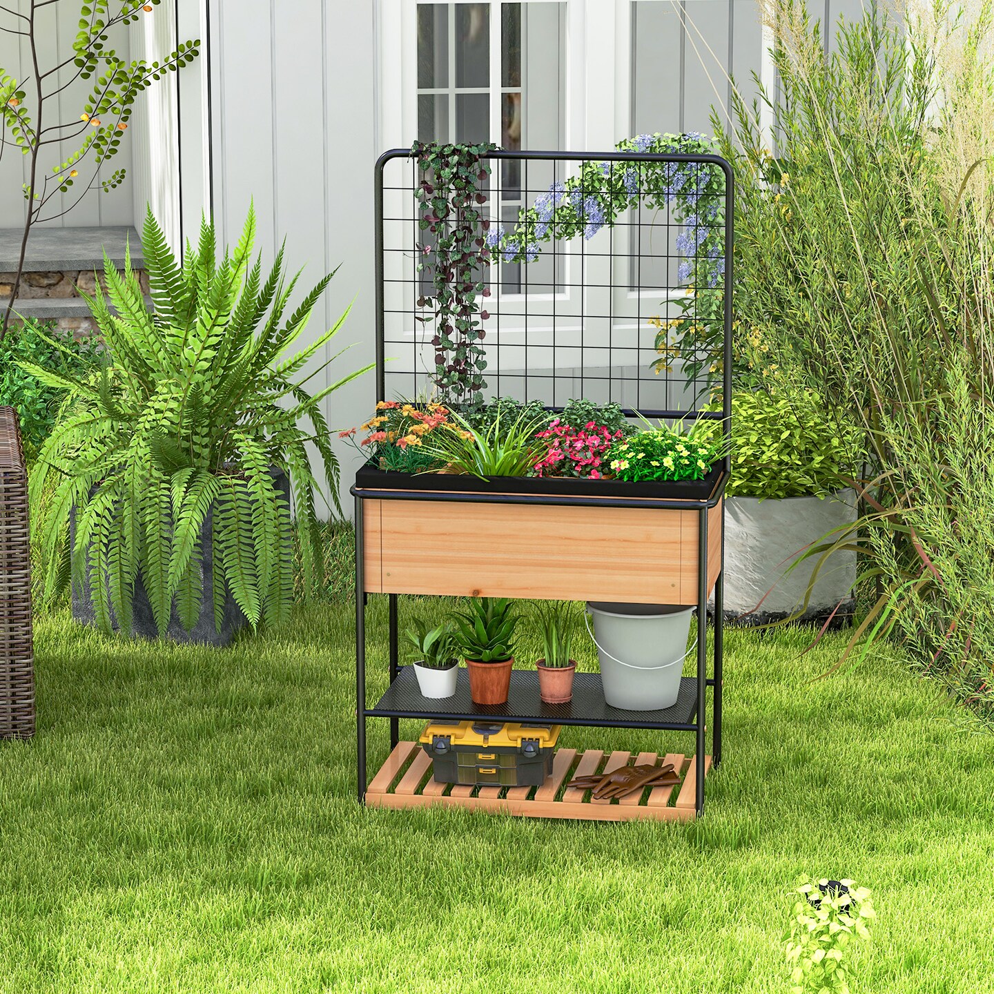 Raised Garden Bed With Trellis 2-tier Storage Shelves-Natural
