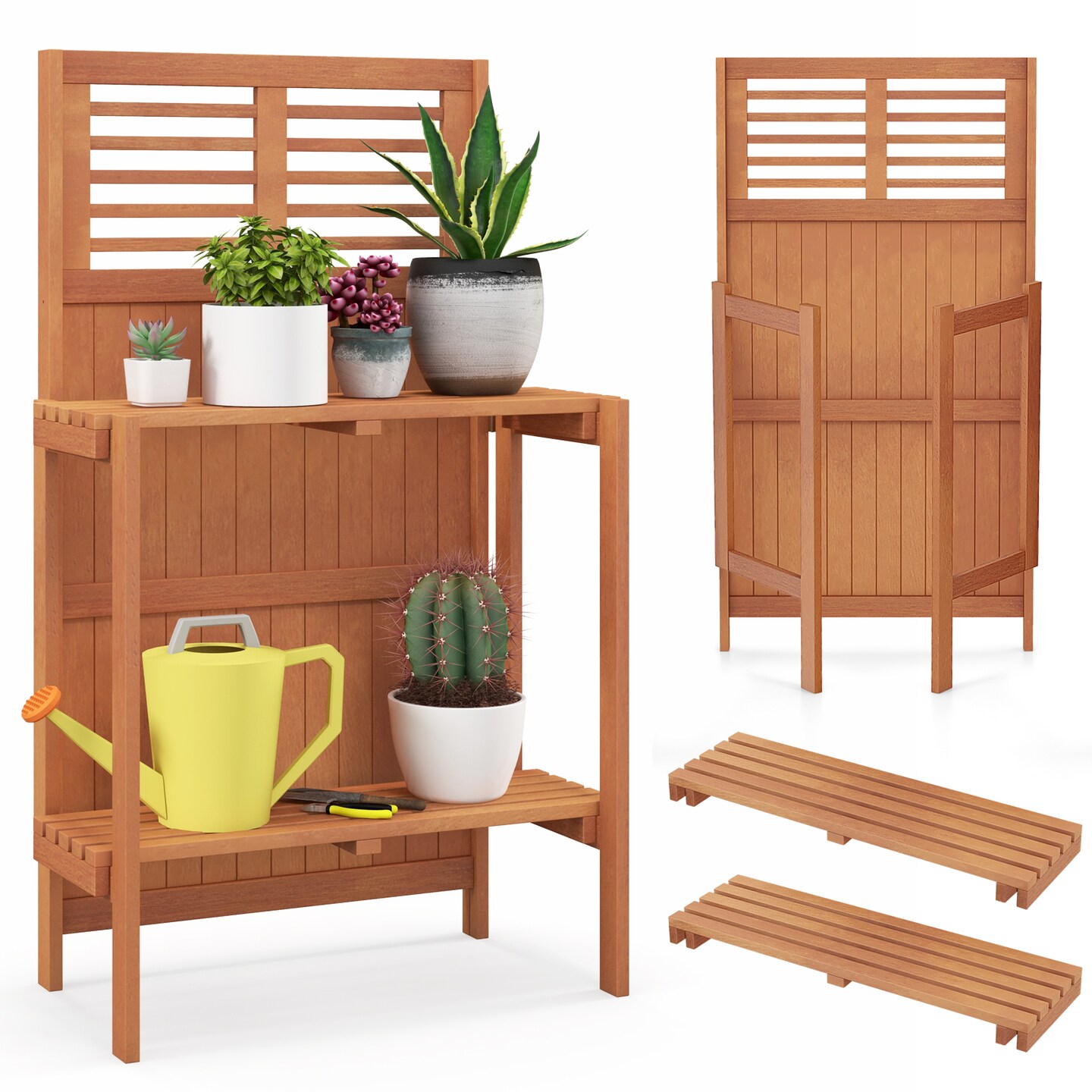 Foldable Wood Potting Bench Gardening Workstation 2-Tier Storage Natural
