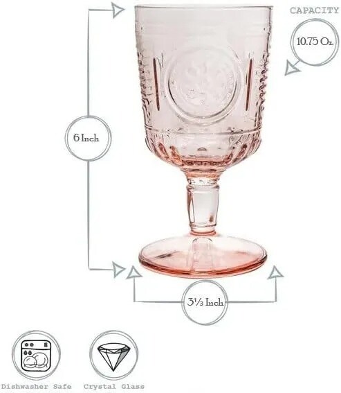 Bormioli Rocco Romantic Stemware Drinking Glass 4 Set 10.75 oz Cotton Candy Pink