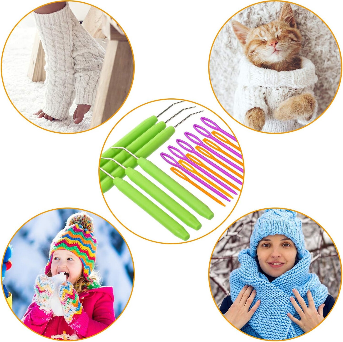 Convenient Knitting Loom Hooks with Rubber Handles and Eye Plastic Sewing Needles 9 Pieces