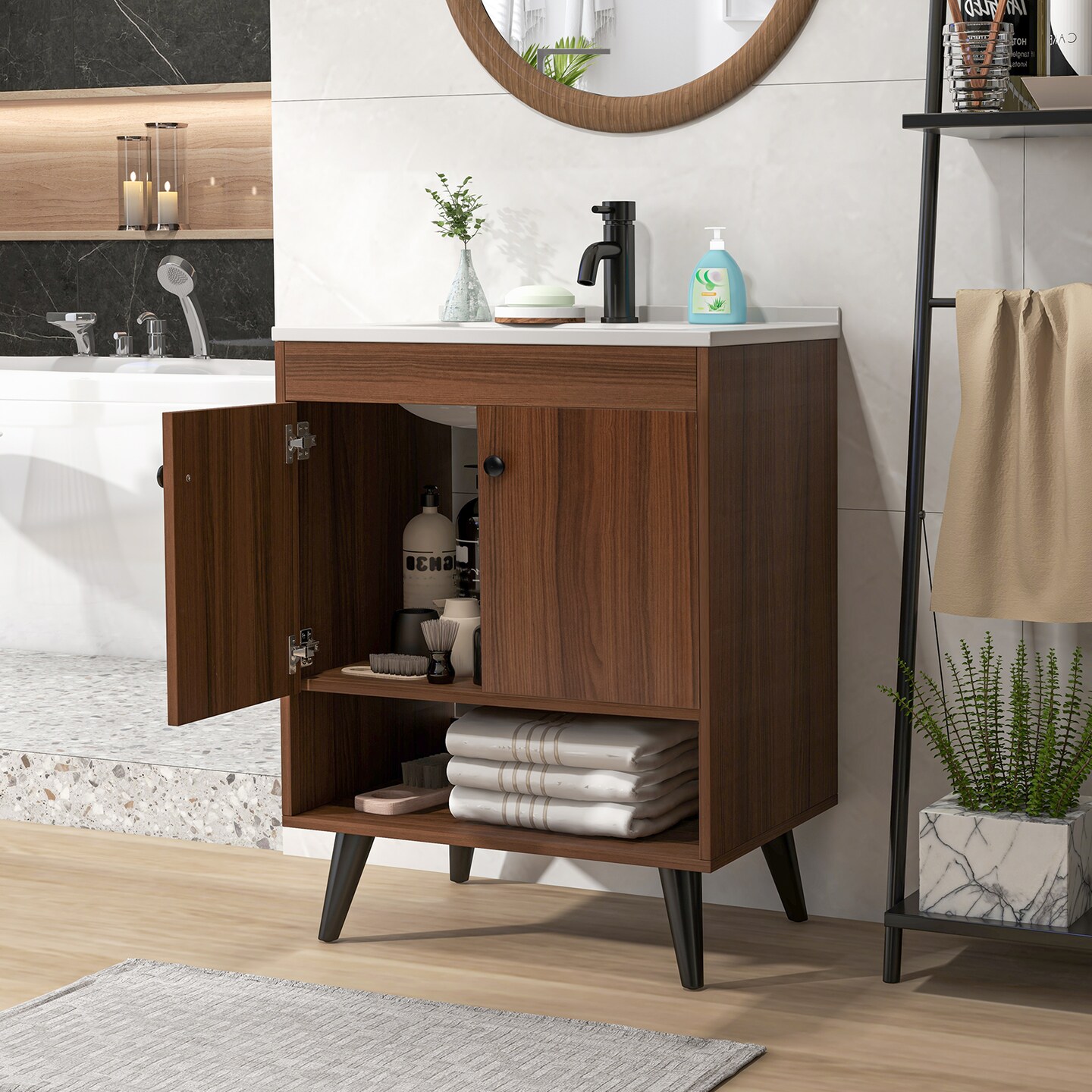 25 Inch Wooden Bathroom Storage Cabinet With Sink-walnut