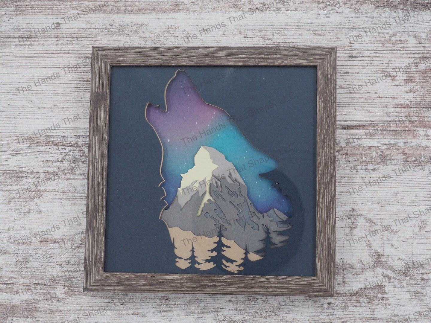 Northern Light Howling Wolf Layered Paper Art Shadow Box