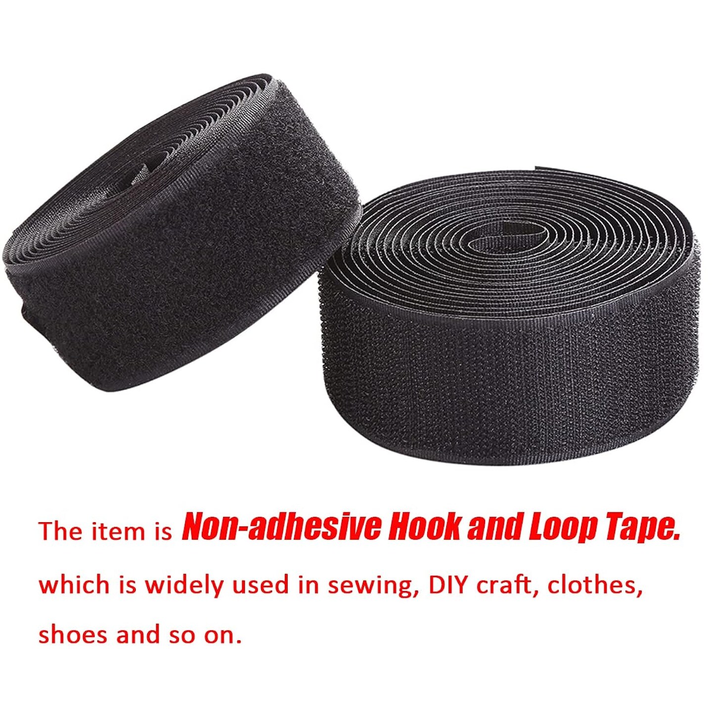 Sew on Hook and Loop Style 2 Inch Non-Adhesive Back Nylon Strips Fabric Fastener Non-Adhesive Interlocking Tape Black,5 Yard