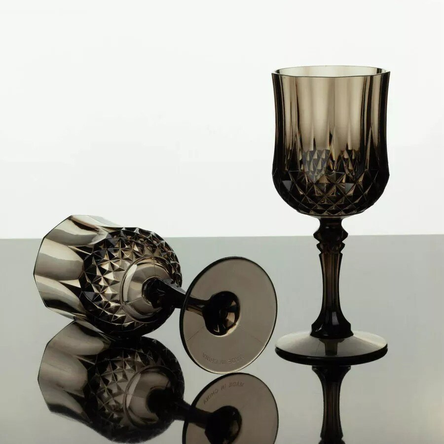BLACK 6 Plastic 8 oz Crystal Cut Goblets WINE GLASSES