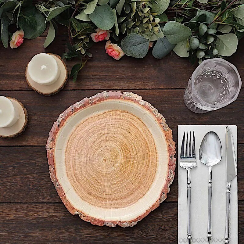 25 NATURAL 10&#x22; Wood Slice Design Round Paper PLATES