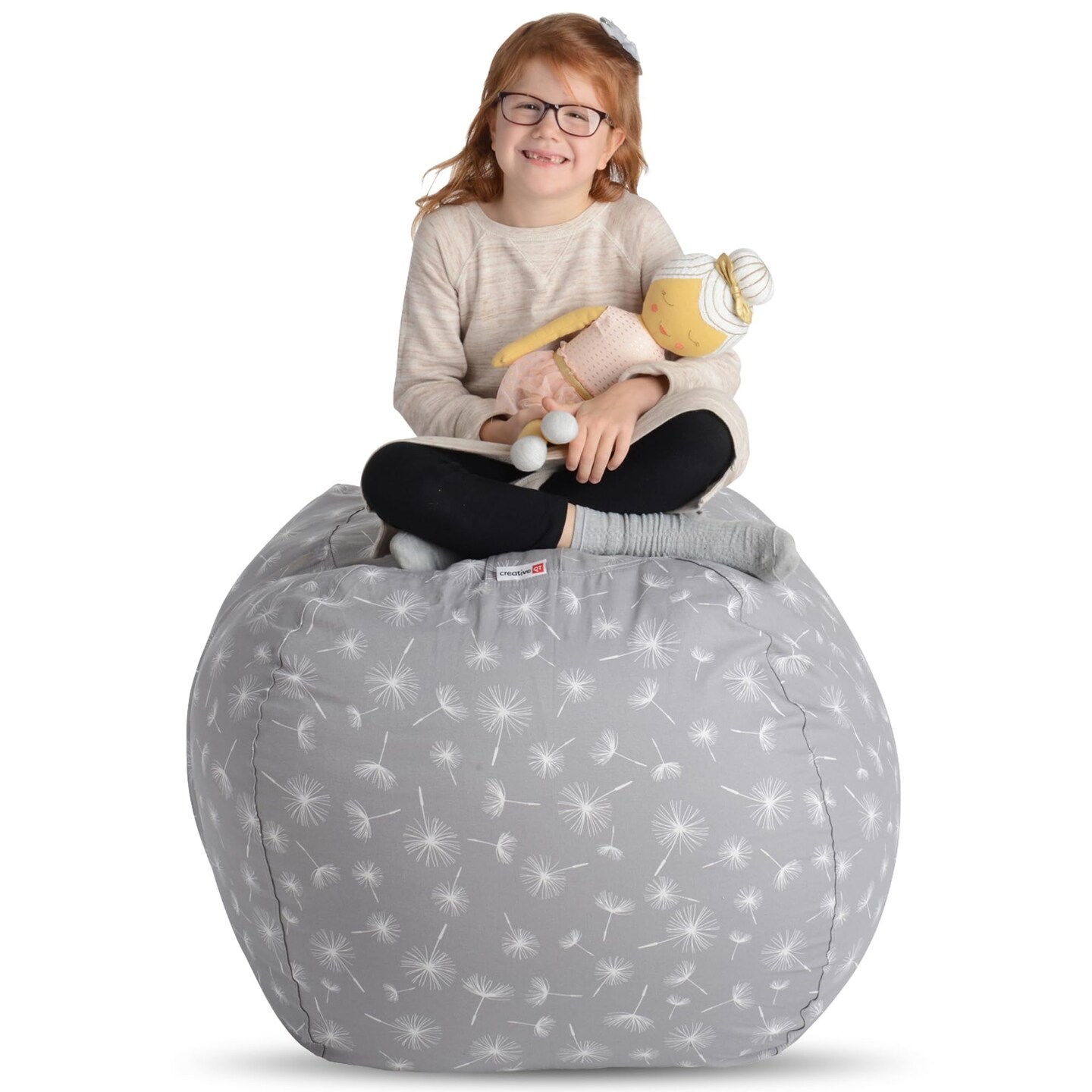 Creative QT Stuff &#x2019;n Sit Extra Large 38&#x2019;&#x2019; Bean Bag Storage Cover for Stuffed Animals &#x26; Toys &#x2013; Gray Dandelion Print &#x2013; Toddler &#x26; Kids&#x2019; Rooms Organizer &#x2013; Giant Beanbag Great Toy Hammock Alternative