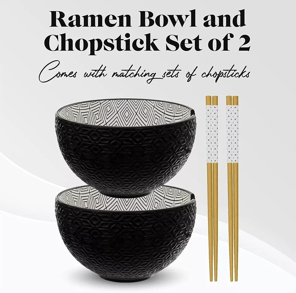 American Atelier Ramen Bowl with Chopsticks | Set of 2 | Embossed Black Design