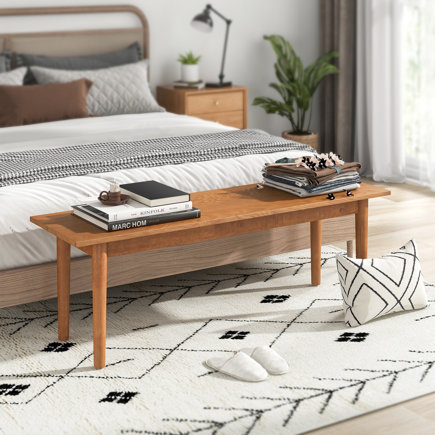 Solid Wood Dining Bench Entryway Bench With Rubber Wood Legs