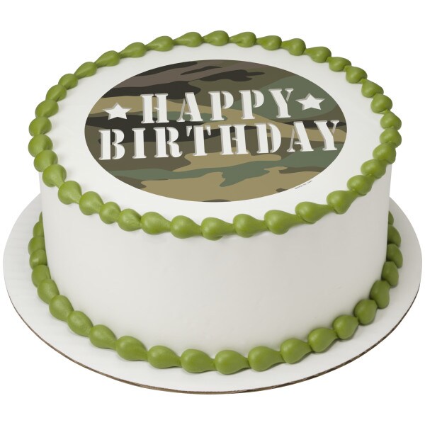 Camouflage Birthday Edible Cake Topper Image 7.5 Round