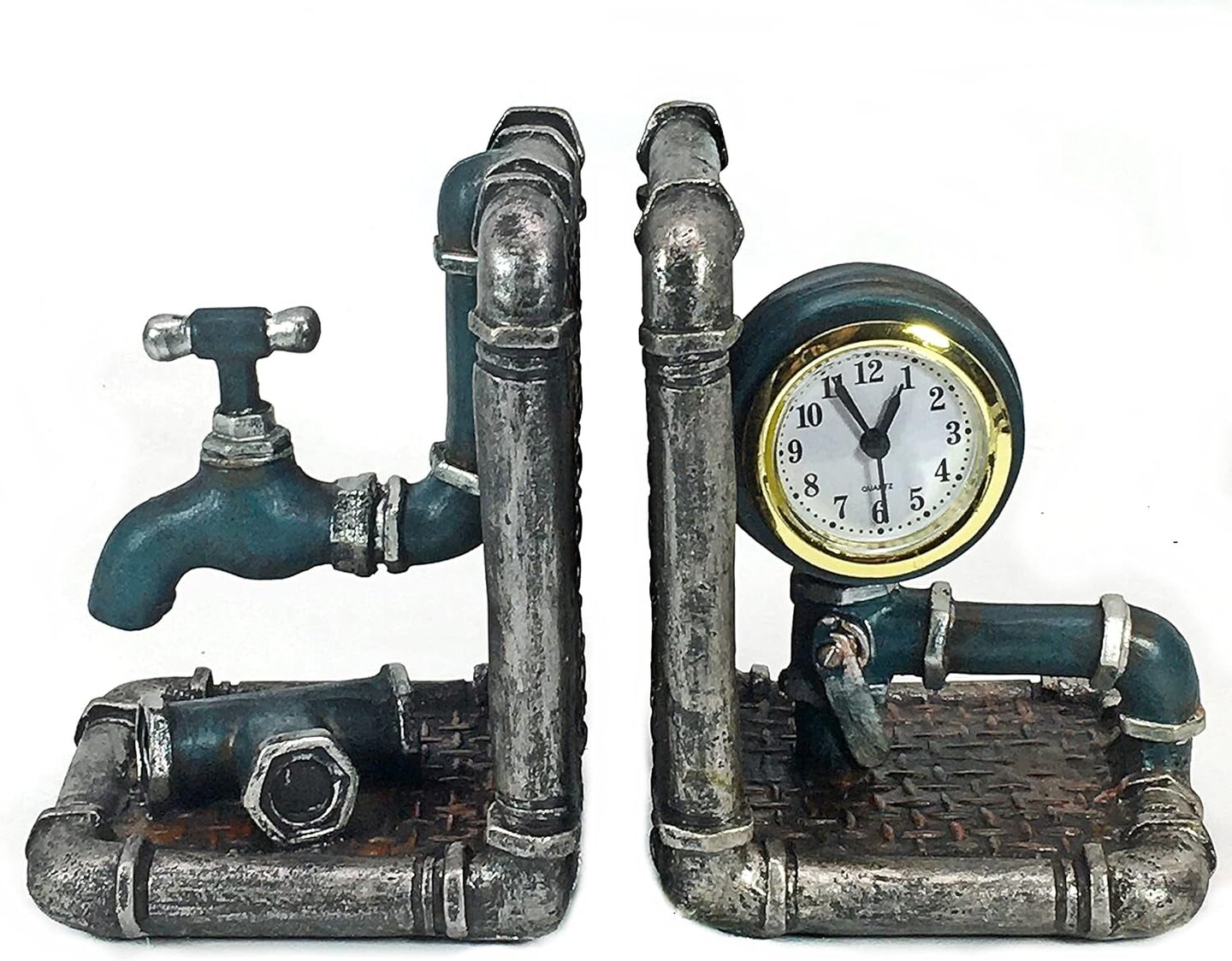 Industrial Tap Pipe Bookends, Decorative Book Ends for Bookshelves, Rustic and Vintage Decor for Home, Office Desk, and Bookcases Decoration, Handmade 8 Inch Polyresin, 2 Pcs