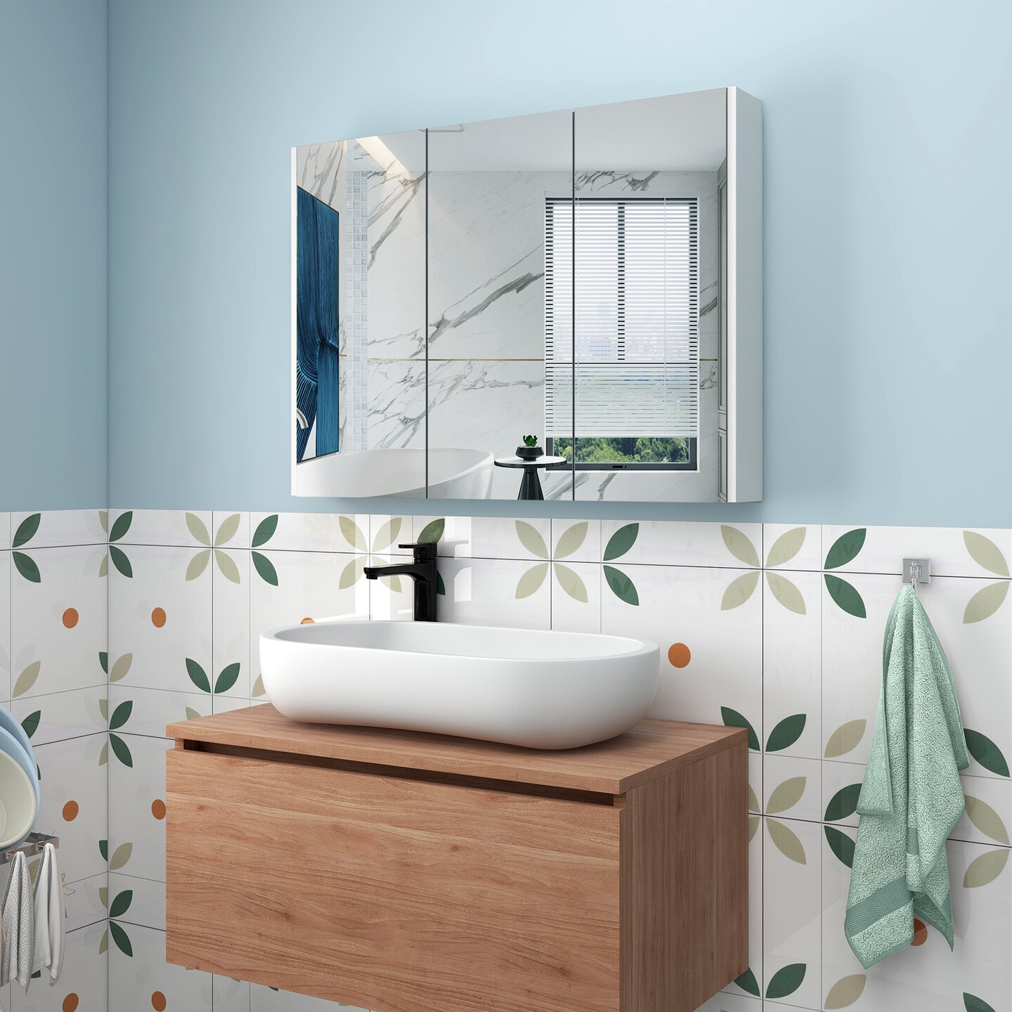 3-Door Wall-Mounted Mirror Cabinet with 3-Adjustable Shelves