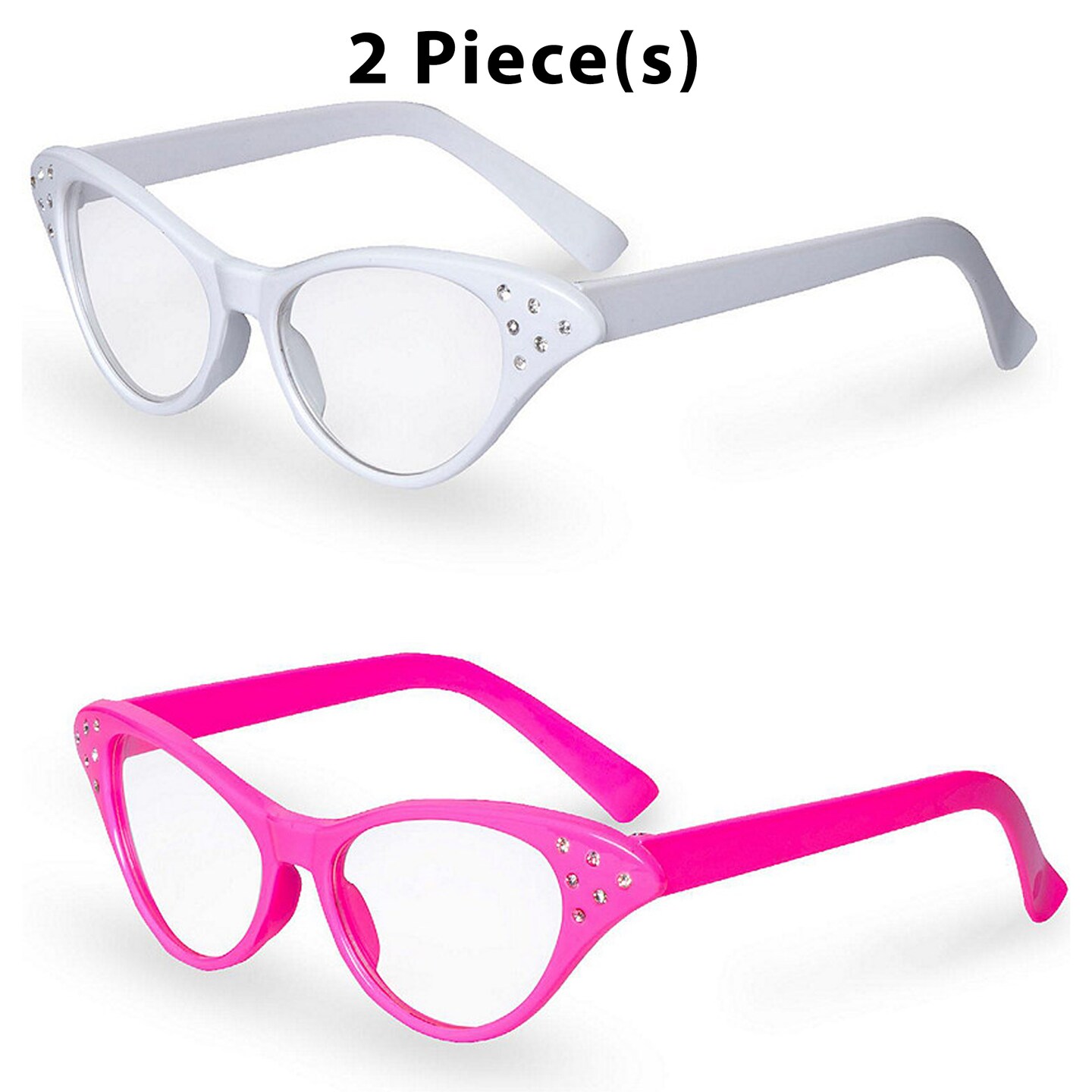 Big Mo&#x27;s Toys Pink and White Cat Eye Retro Costume Dress Up Rhinestone Glasses
