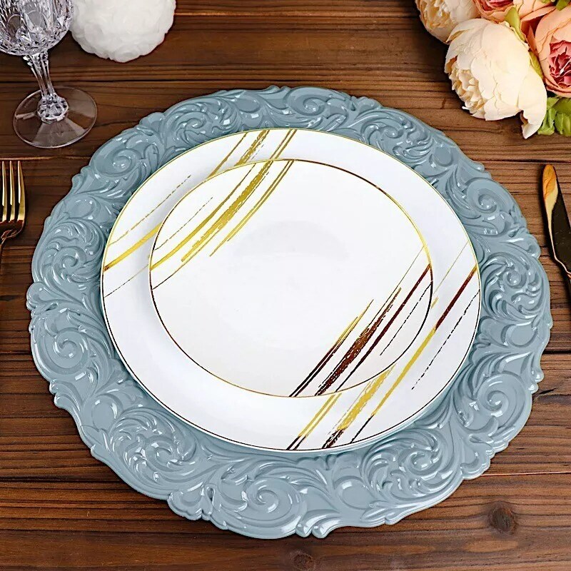 6 DUSTY BLUE 14&#x22; Round Baroque Metallic Charger Plates