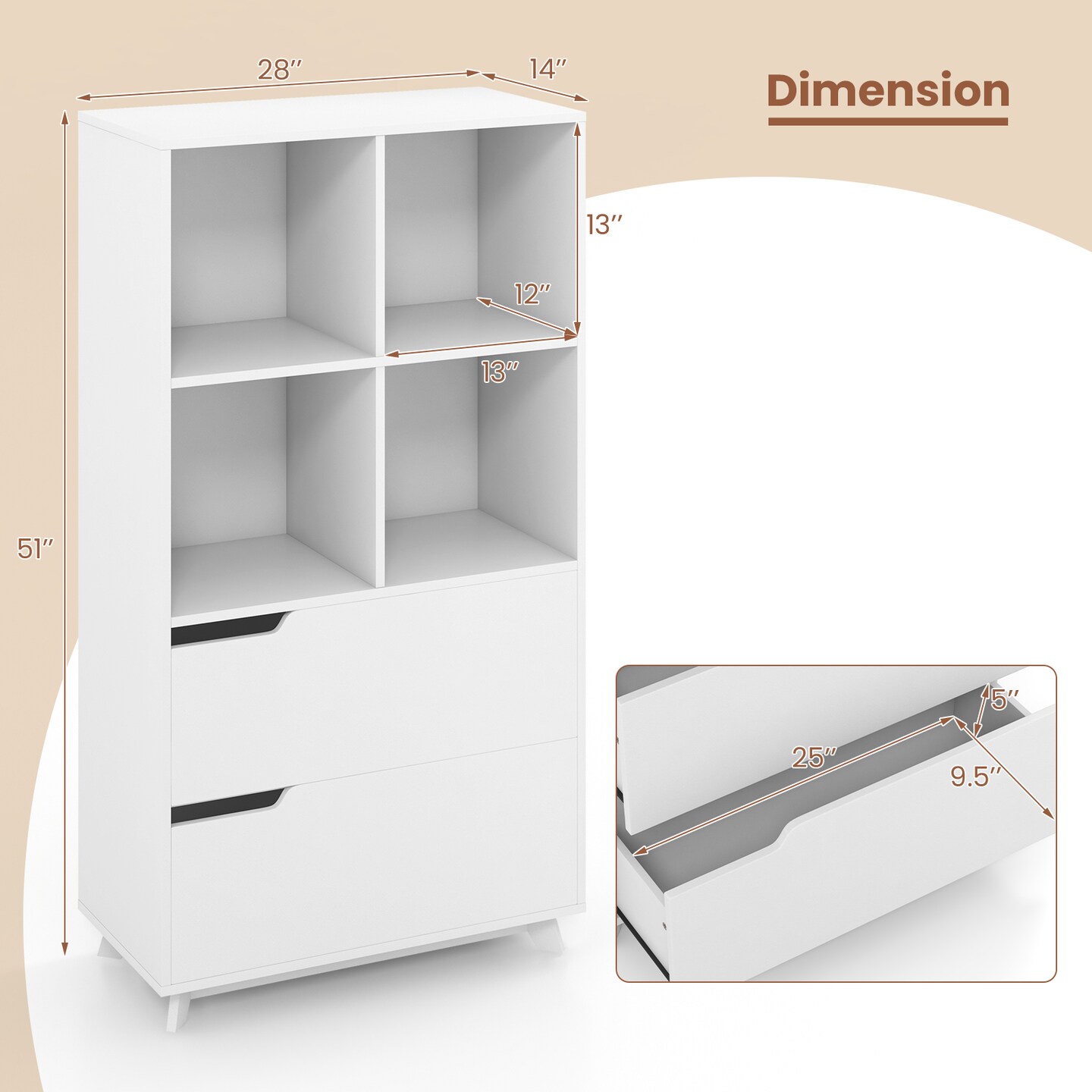 4-tier Open Bookcase With 2 Drawers And 4 Storage Cubes-white