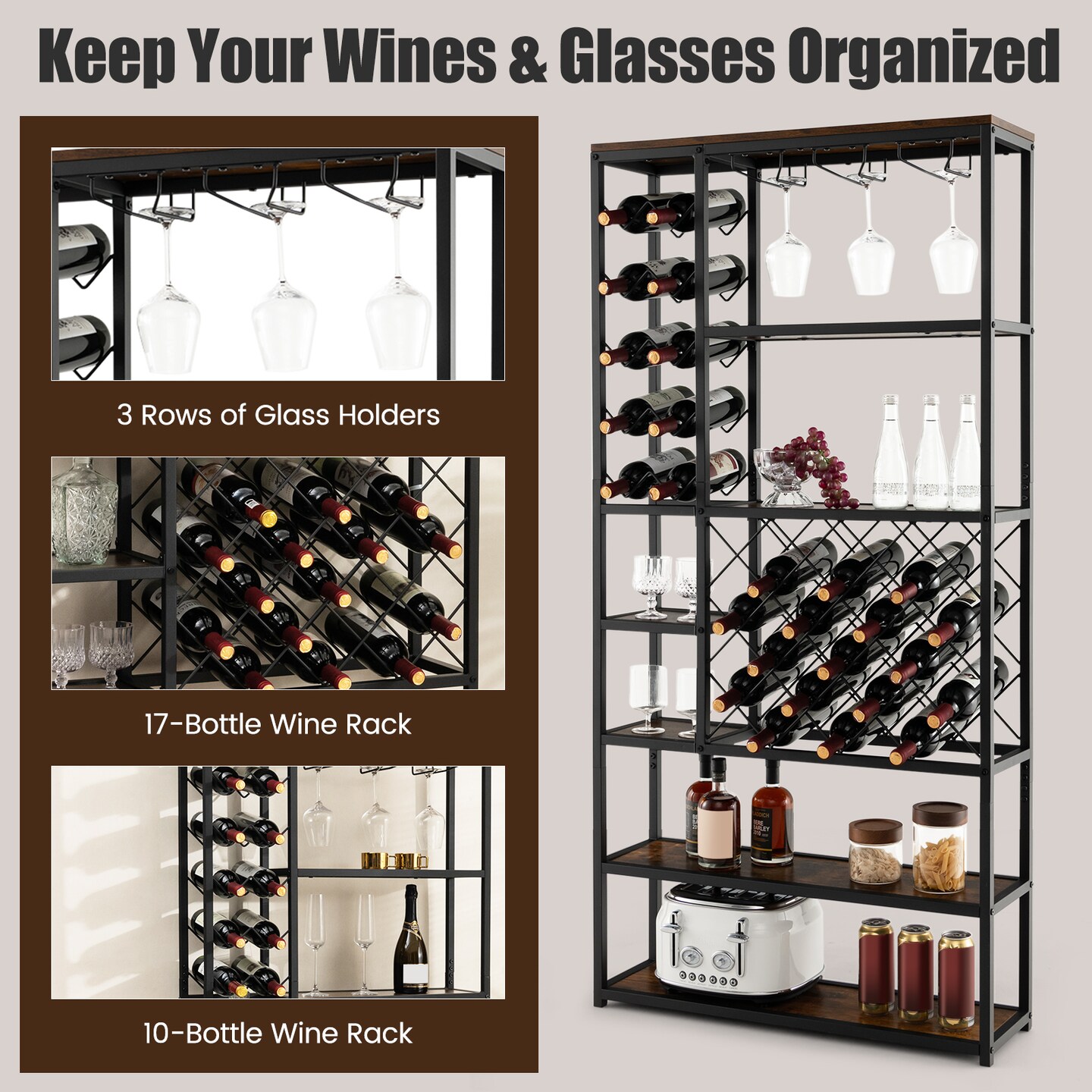 Freestanding Wine Rack Cabinet 27 Bottle Holder with Glass Rack 6 Tier Shelves Rustic Brown Black