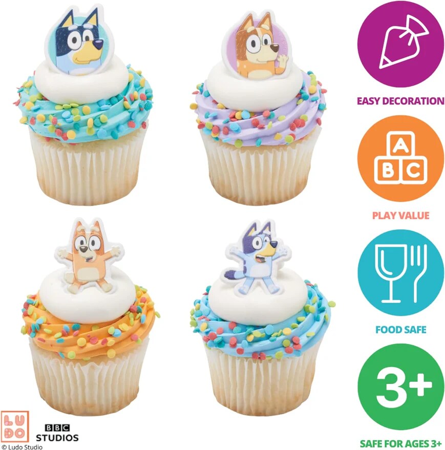 Bluey Character Cupcake Rings 3D Food Safe Cake Toppers 72 Pack