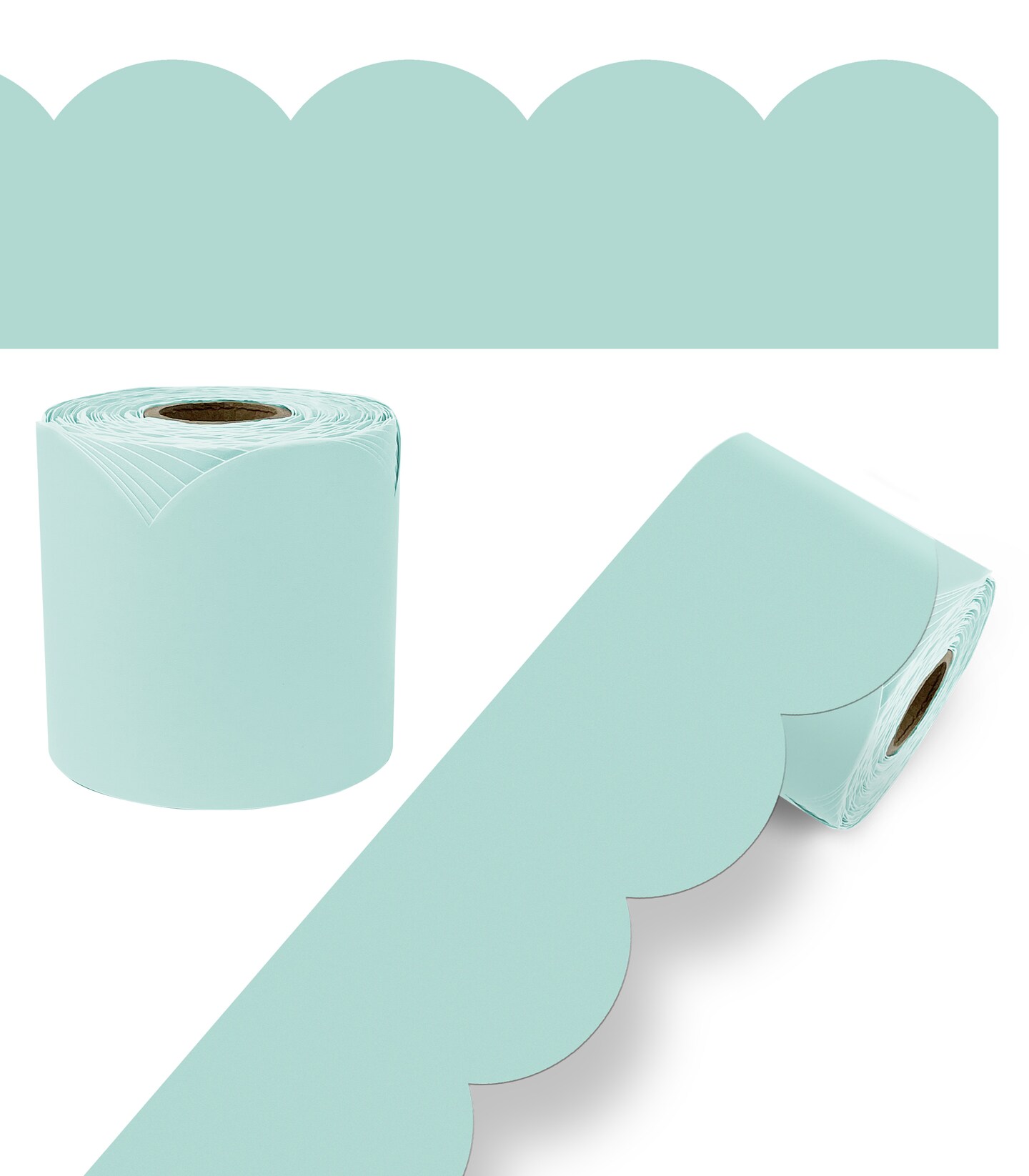Carson Dellosa 65Ft of Sea Glass Green Bulletin Board Borders, 1 Roll of Pastel Scalloped Trim for Rolling Whiteboard, Cork and Posterboard, Party, Easter, Spring Decorations, and Classroom Decor