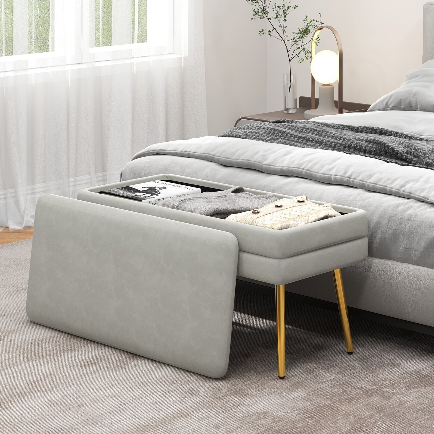 Velvet Upholstered Storage Bench With Removable Top-grey