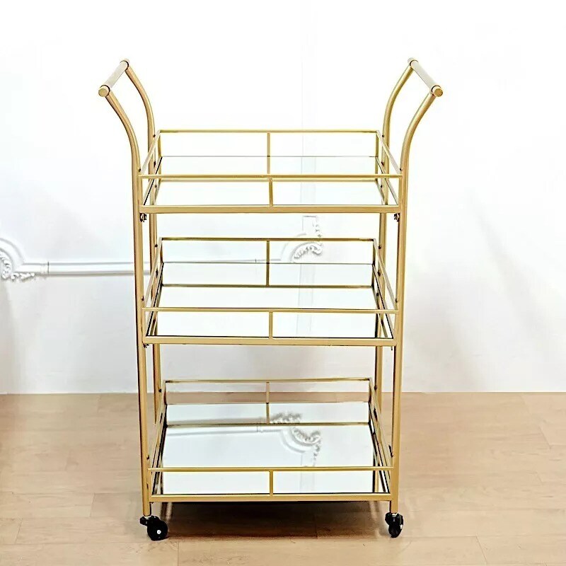 GOLD 3ft tall 3-Tier Rectangular Metal Bar Cart Mirror Glass Serving Trays