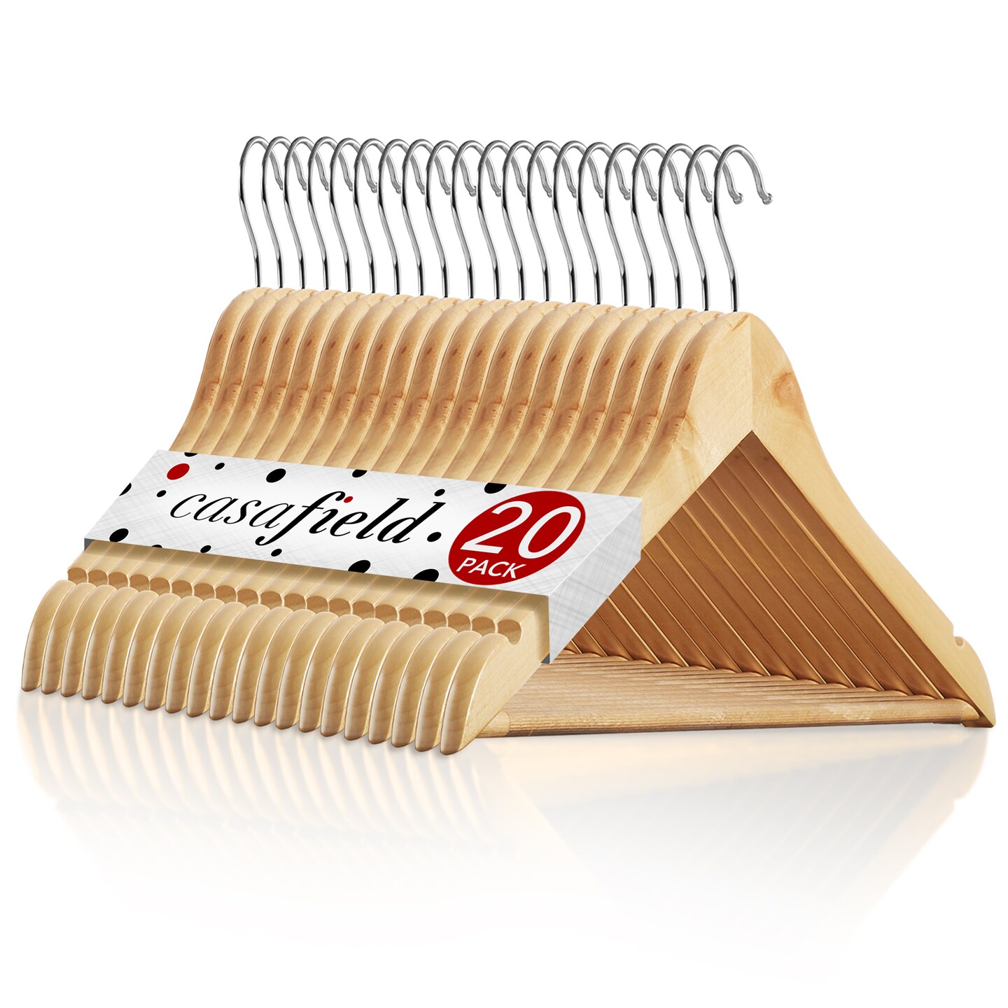 Casafield - 20 Wooden Suit Hangers - Premium Lotus Wood with Notches & Chrome Swivel Hook for Dress Clothes, Coats, Jackets, Pants, Shirts, Skirts